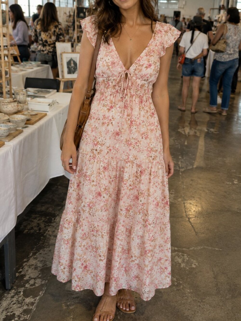 Rachel Paige Floral Tiered Maxi Dress Pink Tan Tie Front L NWOT